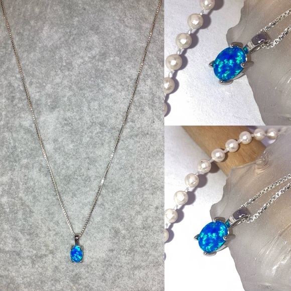 Blue Fire Opal Gemstone Dainty Stamped Pendant Necklace - Picture 4 of 7